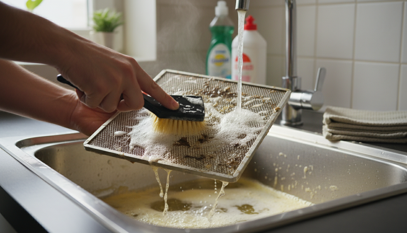 A range hood filter soaking in a kitchen sink with a brush