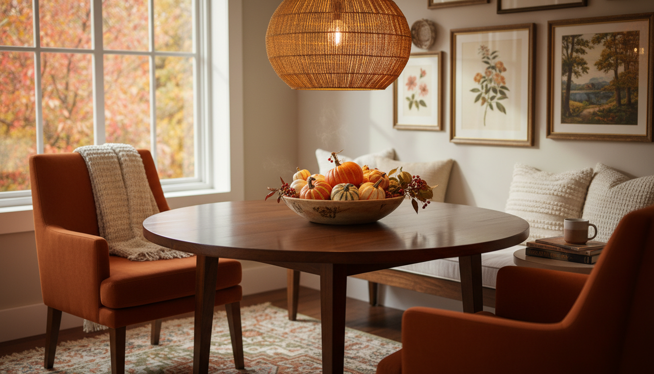 A cozy dining nook with a round table and pumpkins in a bowl