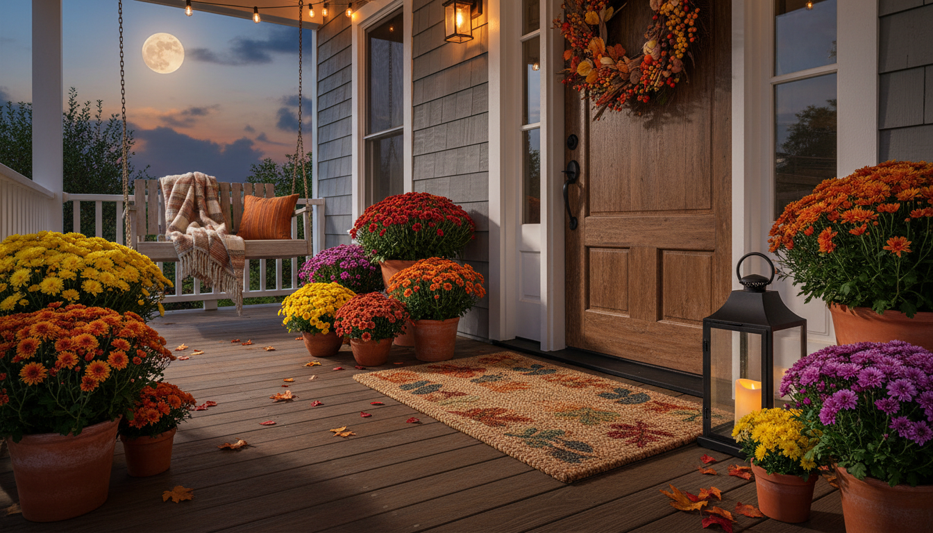 A front porch with chrysanthemums, a doormat and a lantern