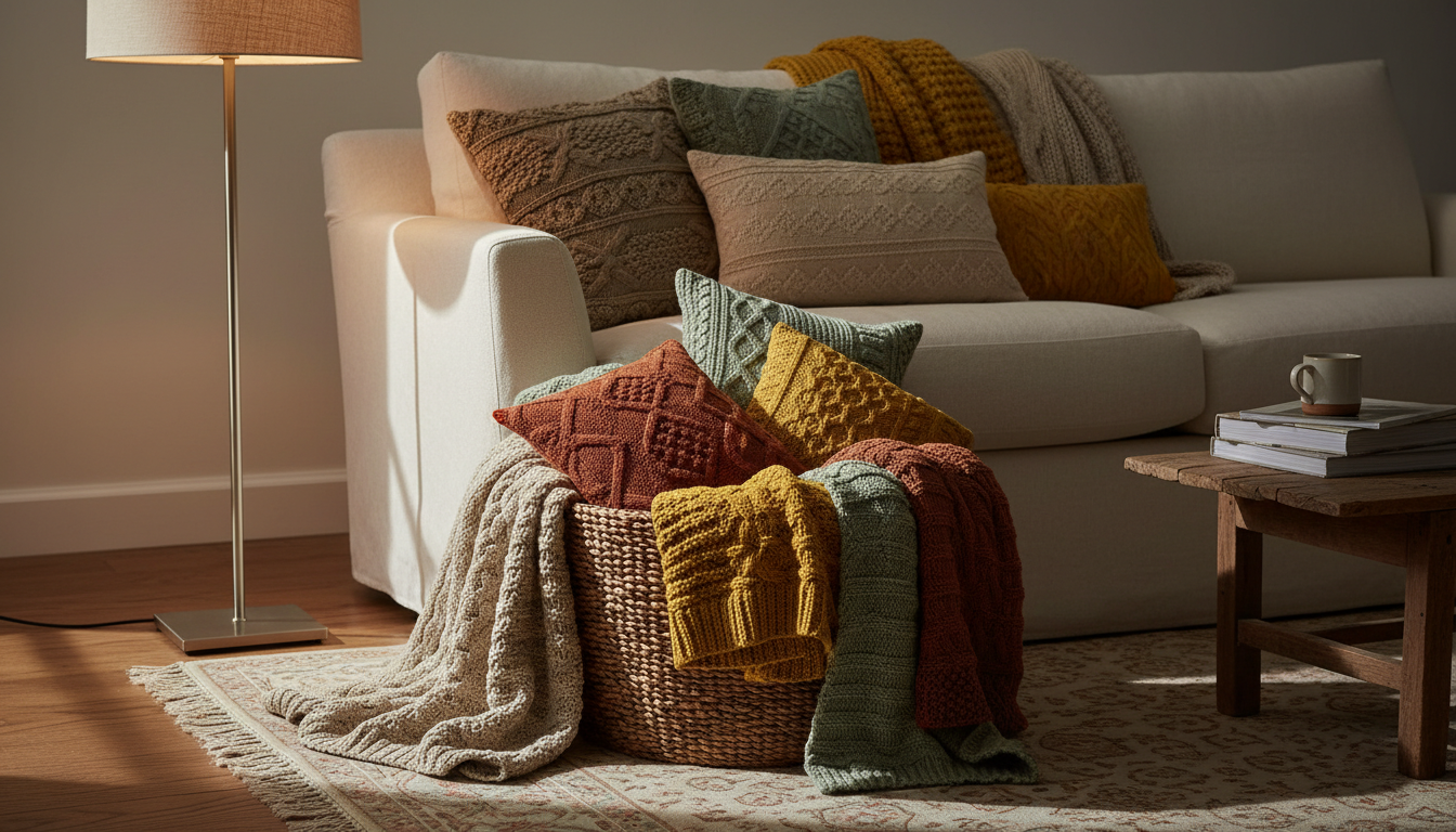 A basket of knit throws and pillows beside a sofa