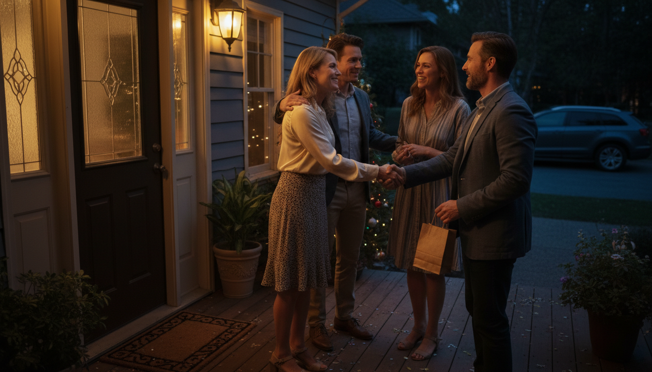 Guests saying goodbye at a front door under a porch light