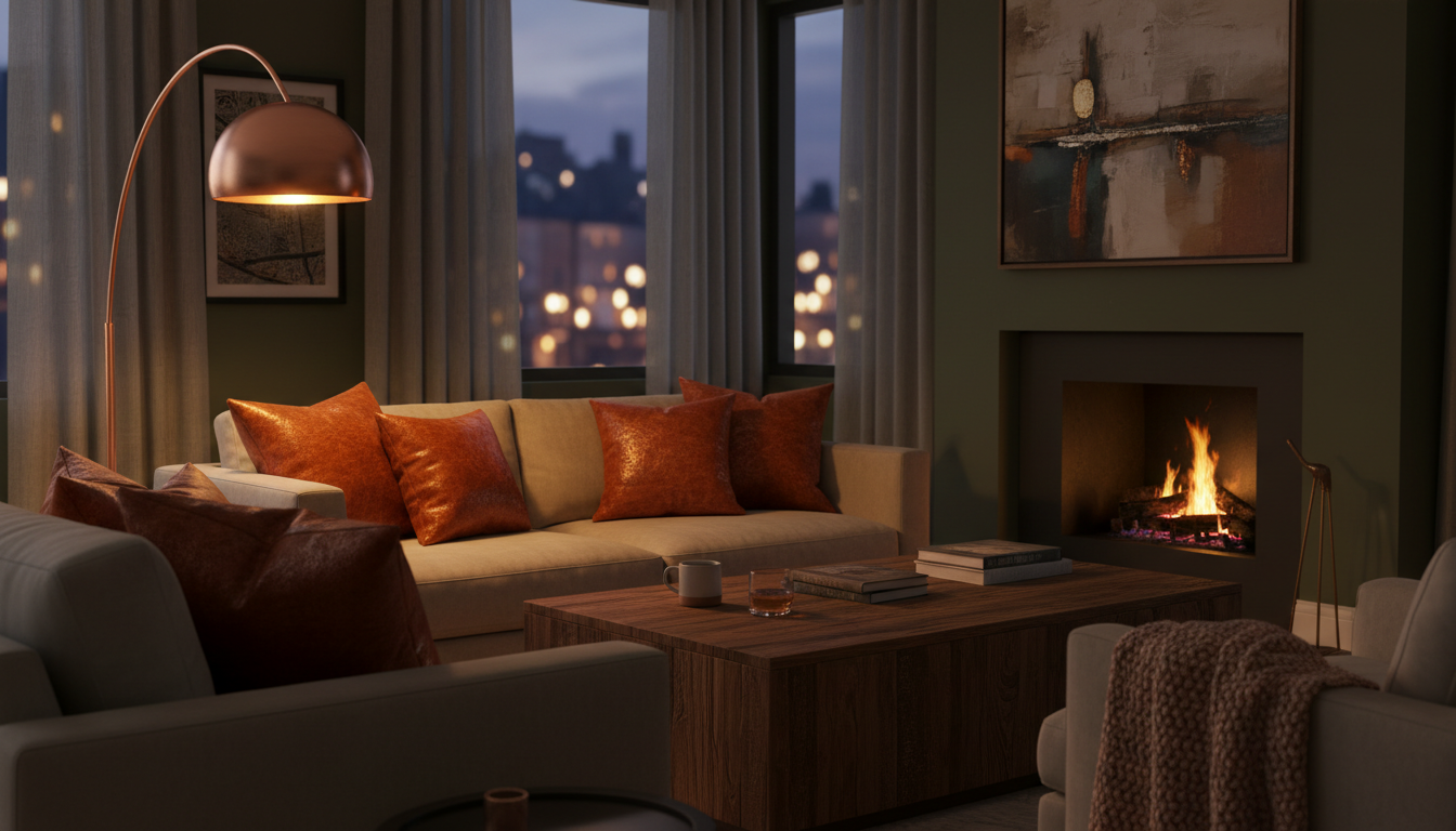 A living room with a copper lamp and rust velvet pillows