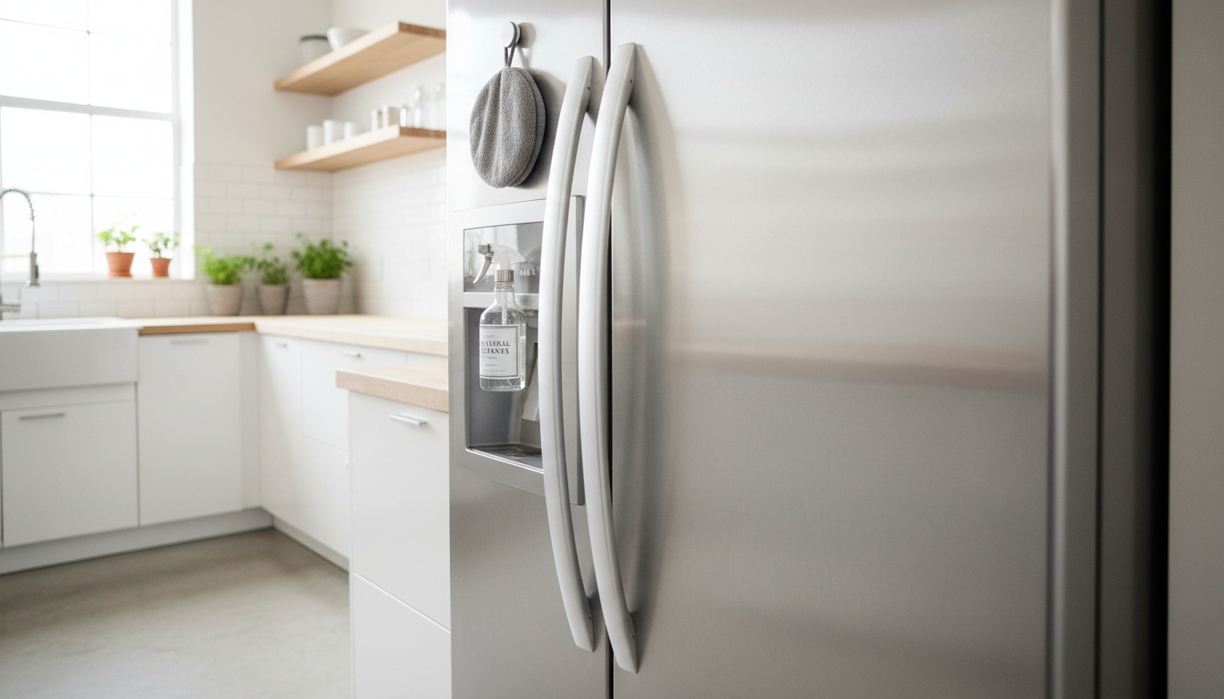 A clean refrigerator exterior with a cloth and spray bottle