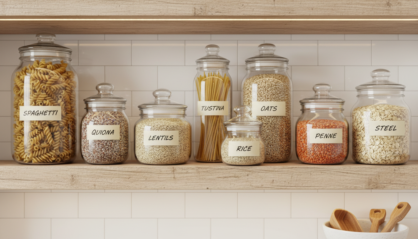 Glass jars of grains and pasta with handwritten labels on a shelf