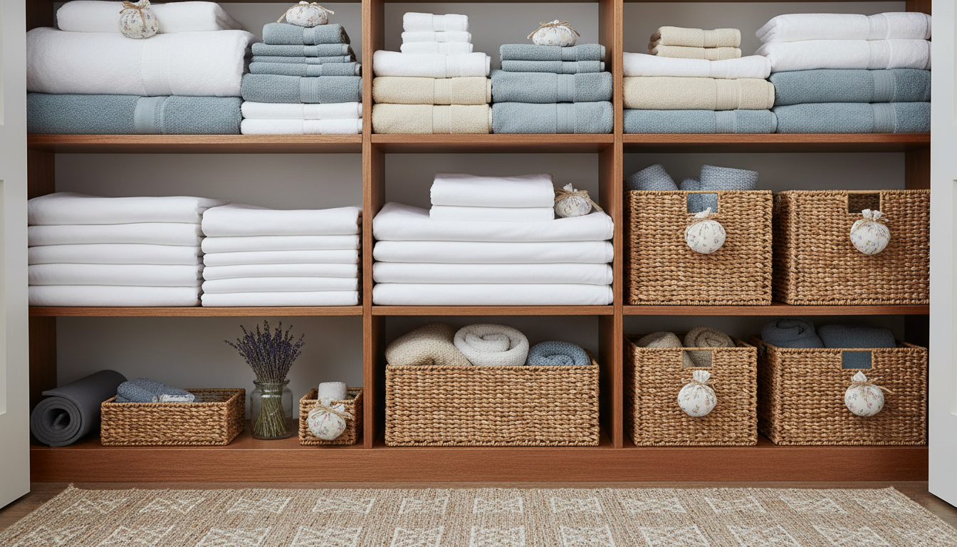 A tidy linen closet with folded towels and lavender sachets